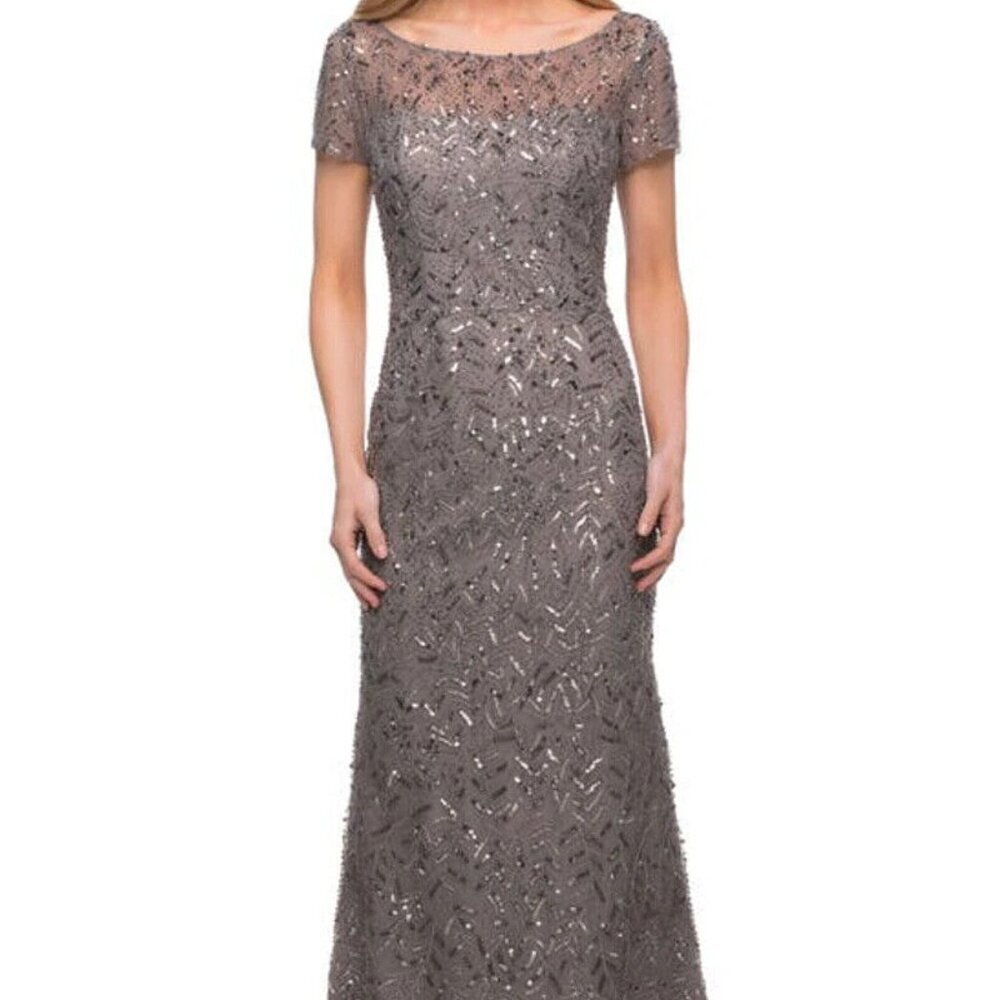 La Femme Silver Sequin Short Sleeve Beaded Sequin Sheath Gown